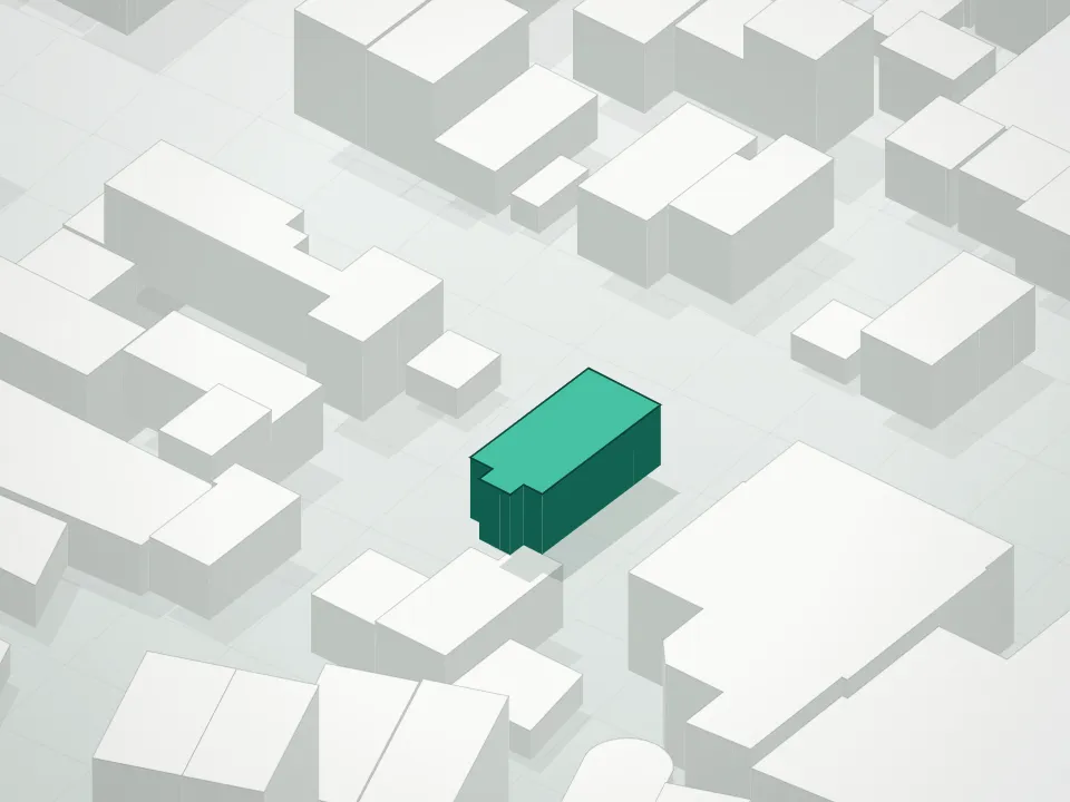 3D massing drawing of The 338 Devoe Street Condominium and neighboring buildings