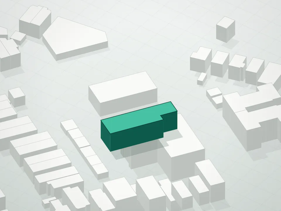 3D massing drawing of Bennett Condominium and neighboring buildings