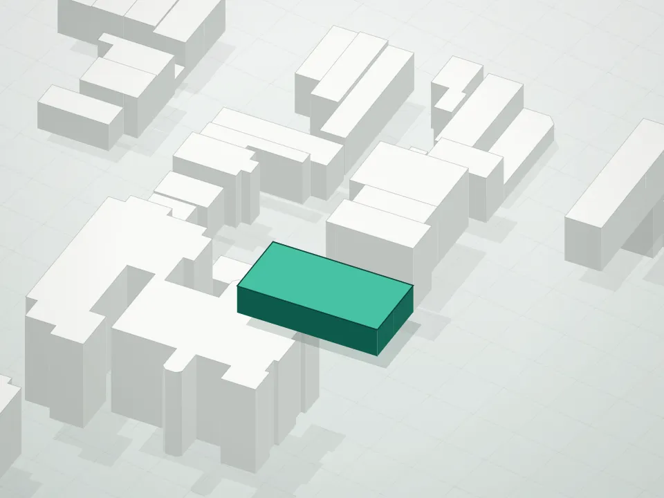 3D massing drawing of 906 Kent Avenue Condominium and neighboring buildings