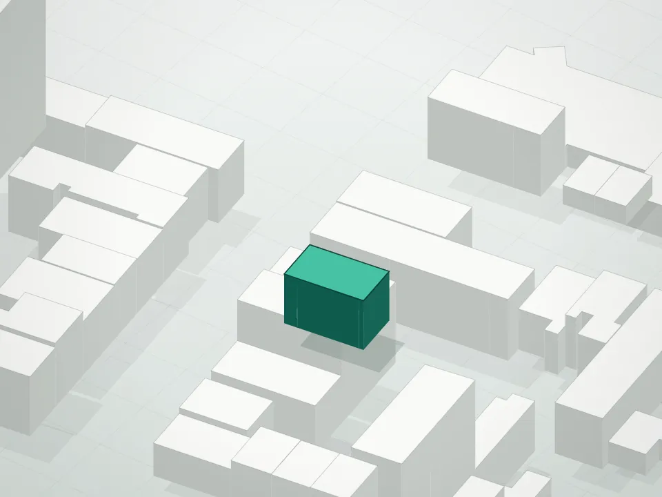 3D massing drawing of 636 Lorimer Street Condominium and neighboring buildings
