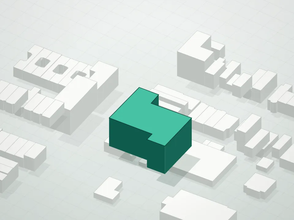 3D massing drawing of Calvert House and neighboring buildings
