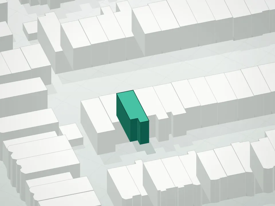3D massing drawing of 696 Chauncey Street Condominium and neighboring buildings