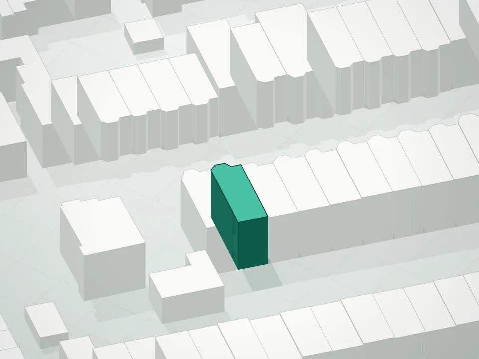 3D massing drawing of 80 Cornelia Street Condominium and neighboring buildings