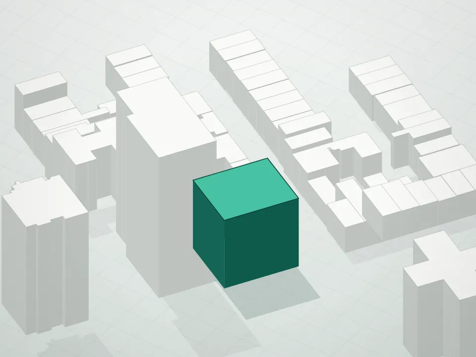 3D massing drawing of 350 East 18th Street Condominium and neighboring buildings