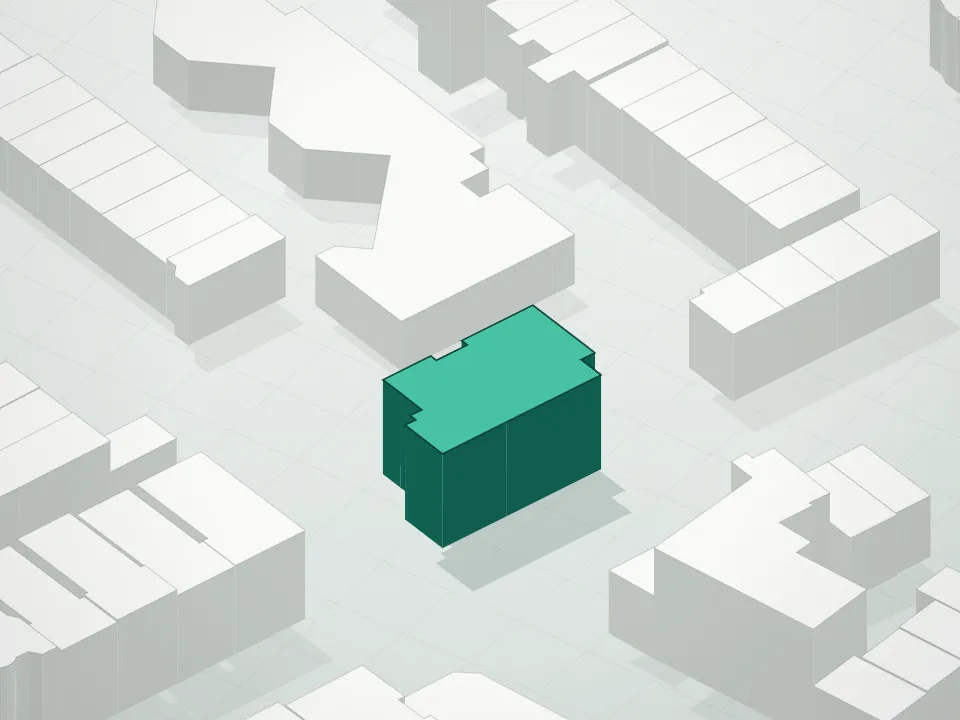 3D massing drawing of Residences At Prospect Place and neighboring buildings