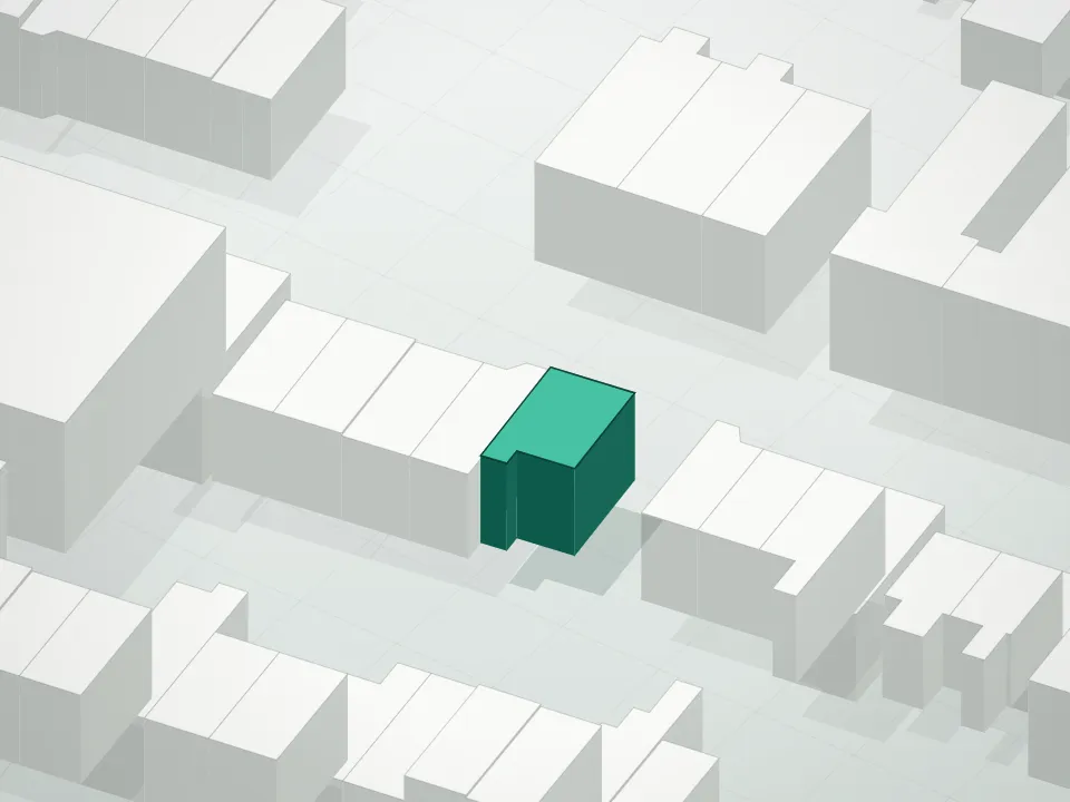 3D massing drawing of The Brick Loft and neighboring buildings