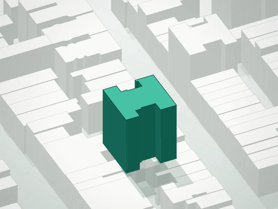 3D massing drawing of The Residences At West 9th Street and neighboring buildings