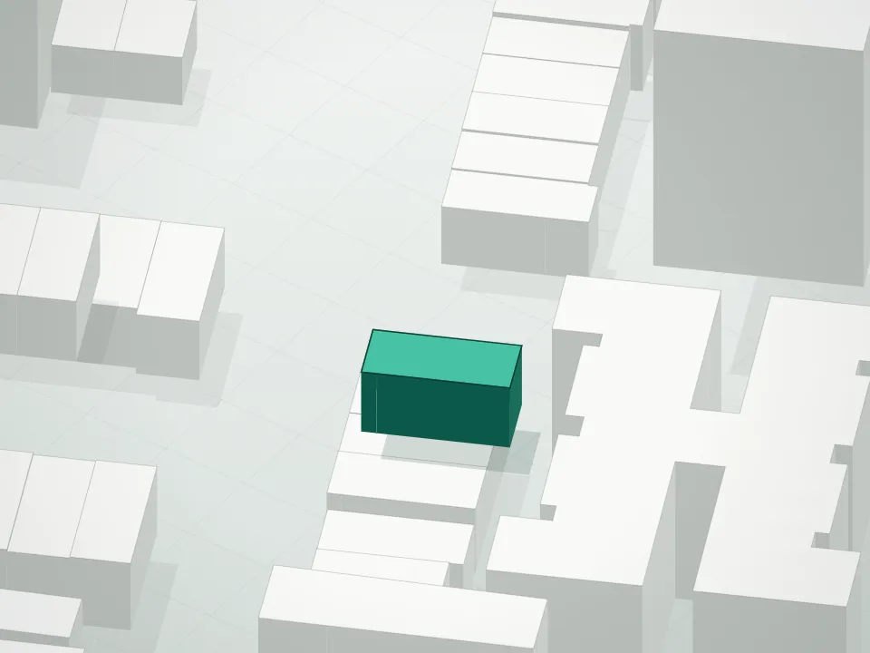 3D massing drawing of Luxe Living Condominium and neighboring buildings
