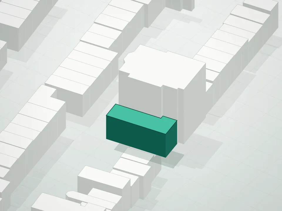 3D massing drawing of 232 Adelphi Street Condominium and neighboring buildings