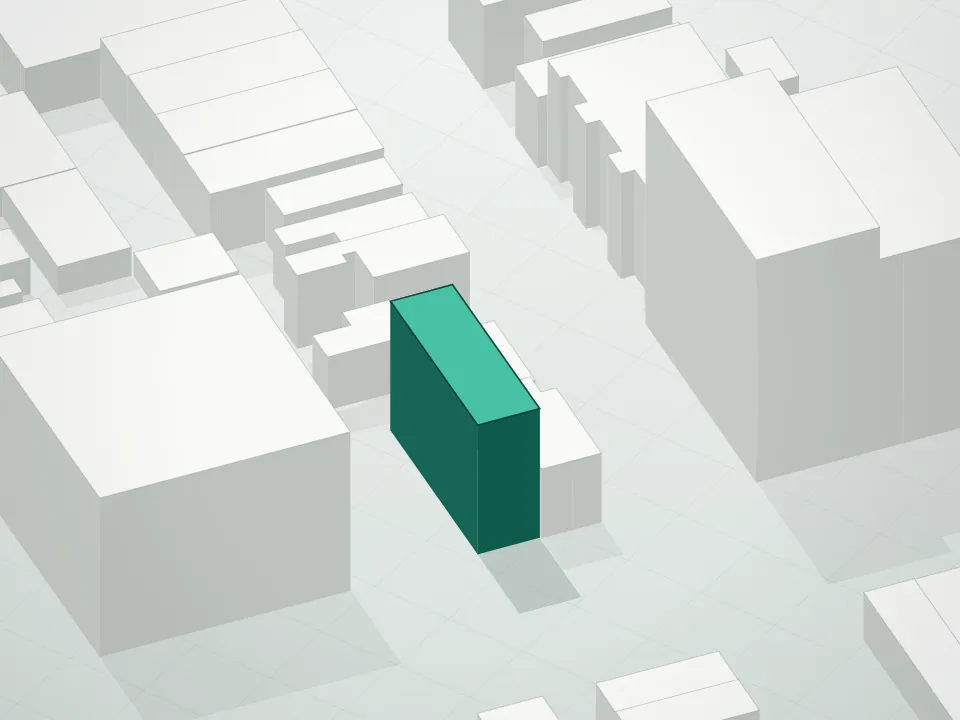3D massing drawing of Twenty8 Astoria and neighboring buildings