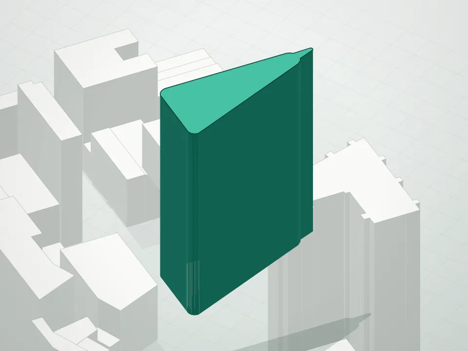 3D massing drawing of Flatiron Building and neighboring buildings