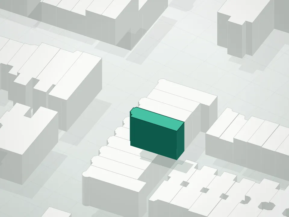 3D massing drawing of 511 Throop Avenue Condominium and neighboring buildings