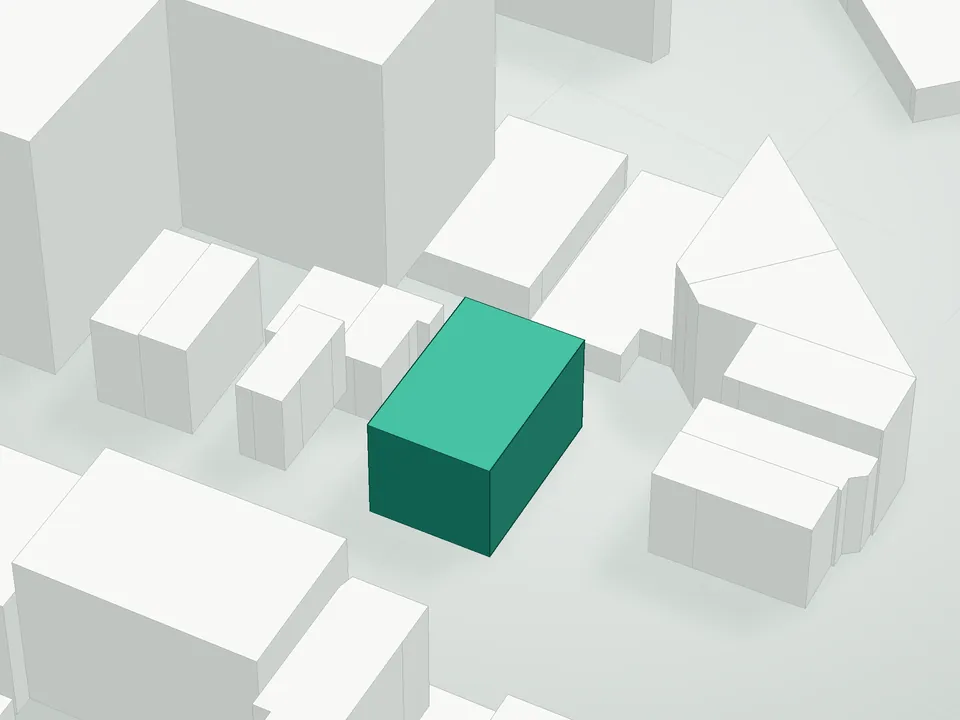 3D massing drawing of 385 Vernon Avenue Condominium, 385 Vernon Avenue, Brooklyn, and neighboring buildings
