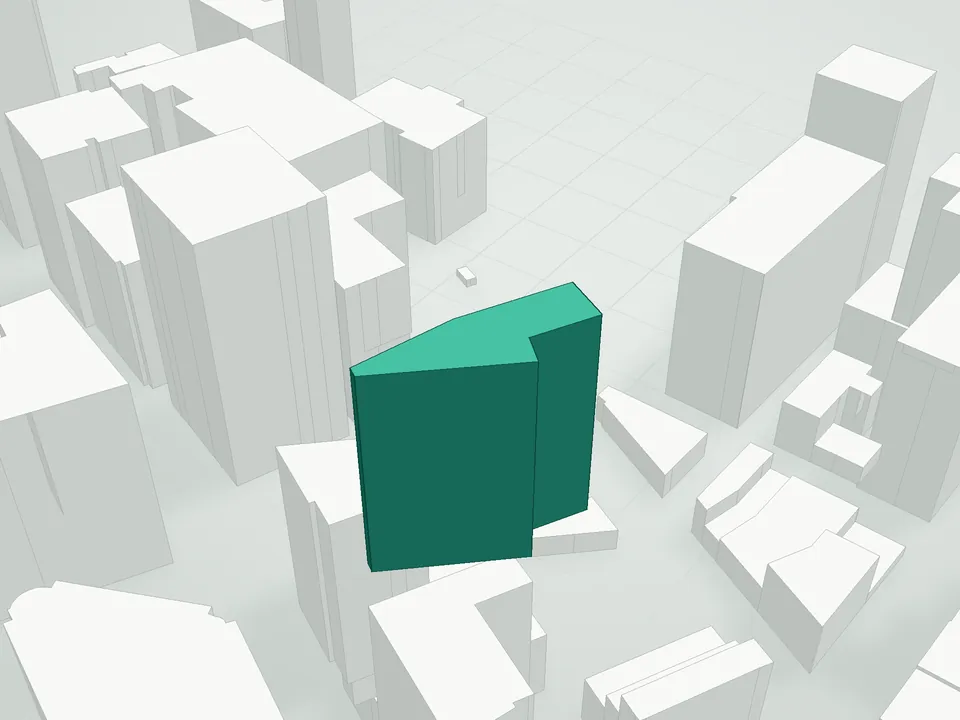 3D massing drawing of 110 Boerum Place Condominium, 110 Boerum Place, Brooklyn, and neighboring buildings