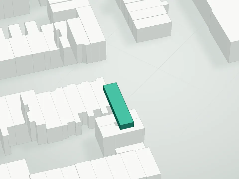 3D massing drawing of Ridgewood Place Condominium, 16 Ridgewood Place, Brooklyn, and neighboring buildings