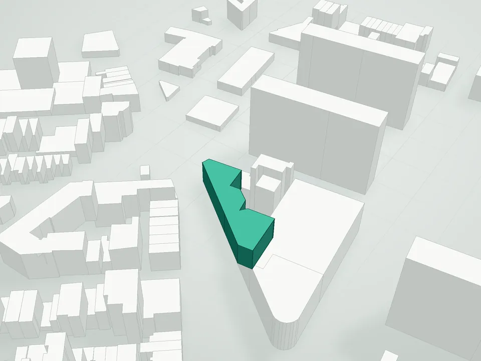 3D massing drawing of 545 Broadway Condominium, 545 Broadway, Brooklyn, and neighboring buildings