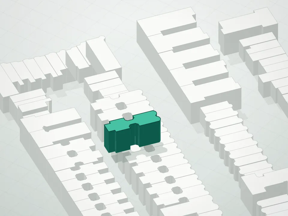 3D massing drawing of Ivonne and neighboring buildings