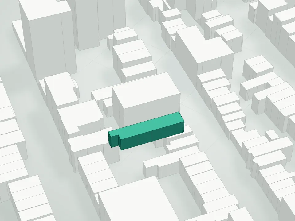 3D massing drawing of 34 Garfield Place Condominium, 34 Garfield Place, Brooklyn, and neighboring buildings