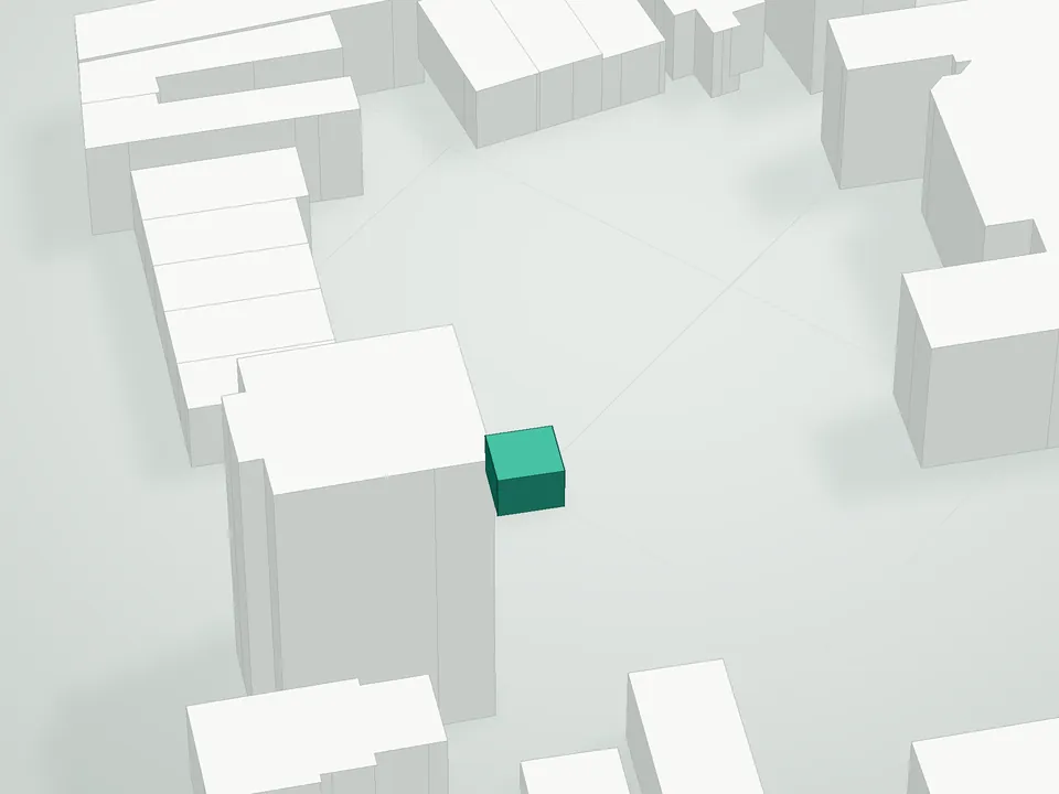 3D massing drawing of Roma Condominium, 25-23 Newtown Avenue, Queens, and neighboring buildings