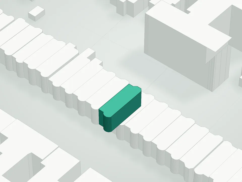 3D massing drawing of 1479 Sterling Place Condominium, 1479 Sterling Place, Brooklyn, and neighboring buildings