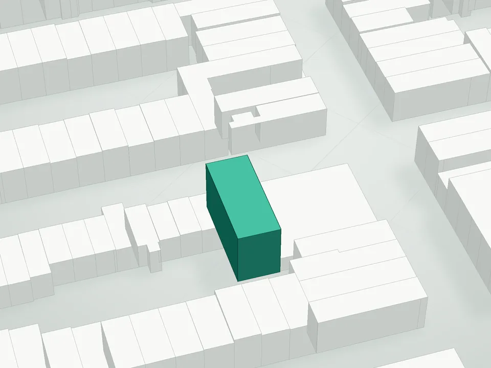 3D massing drawing of Stanhope Foundry, 196 Stanhope Street, Brooklyn, and neighboring buildings