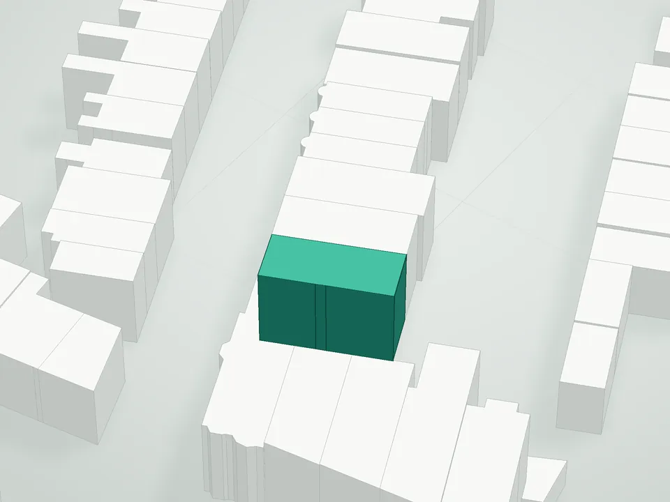 3D massing drawing of Hailey, 96 Eckford Street, Brooklyn, and neighboring buildings
