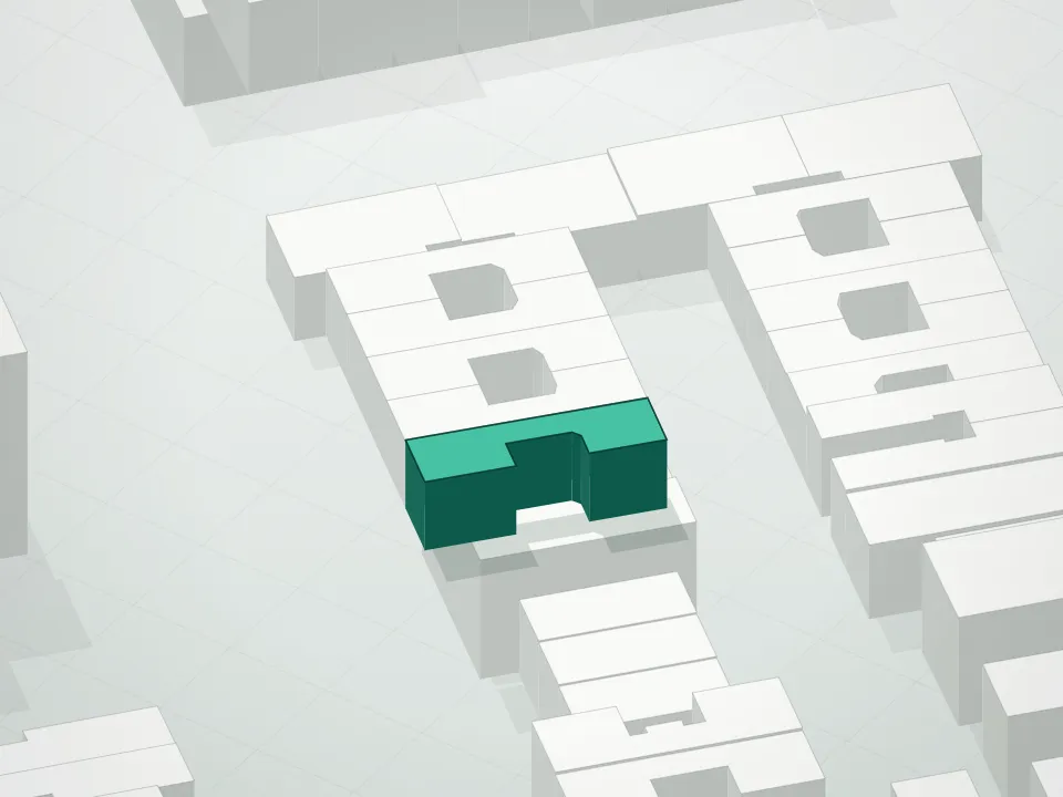 3D massing drawing of Park Living 60b and neighboring buildings