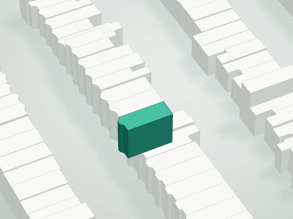 3D massing drawing of 665 Degraw Street Condominium, 665 Degraw Street, Brooklyn, and neighboring buildings