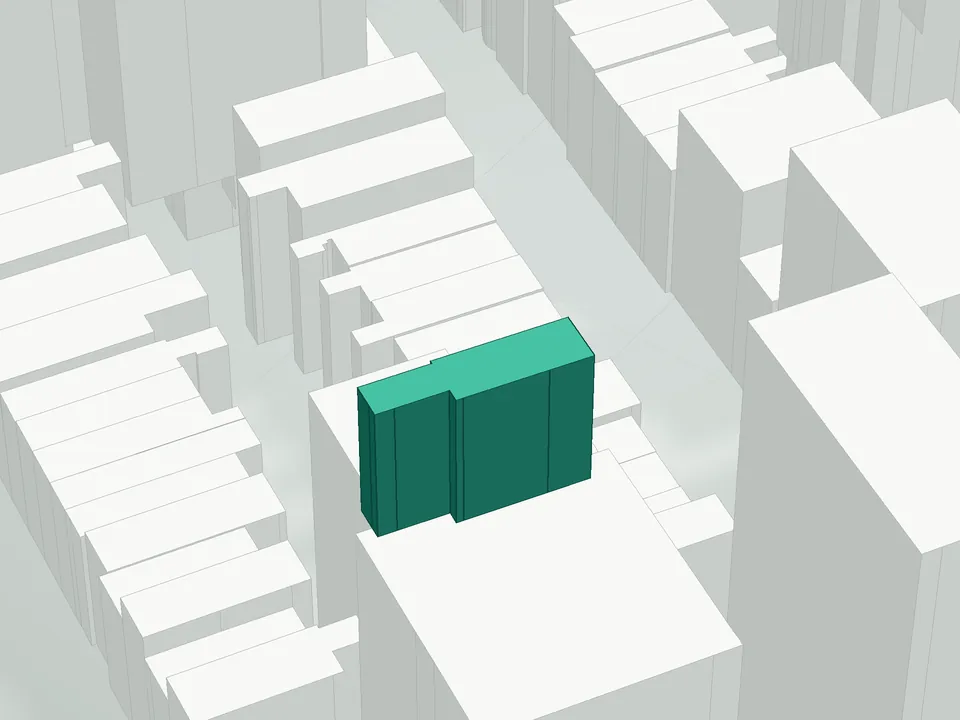 3D massing drawing of Lucia, 120 East 37th Street, Manhattan, and neighboring buildings