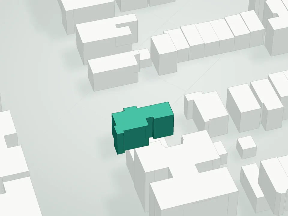3D massing drawing of Ten27 Condominium, 1027 Bushwick Avenue, Brooklyn, and neighboring buildings