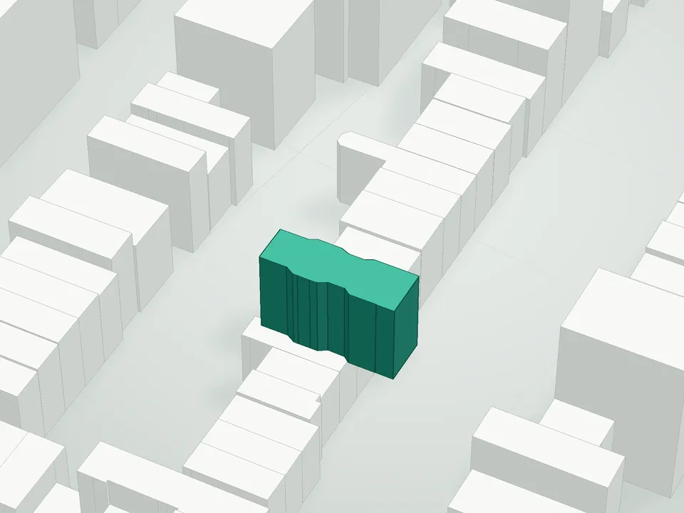 3D massing drawing of 974 Bedford Avenue Condominium, 974 Bedford Avenue, Brooklyn, and neighboring buildings