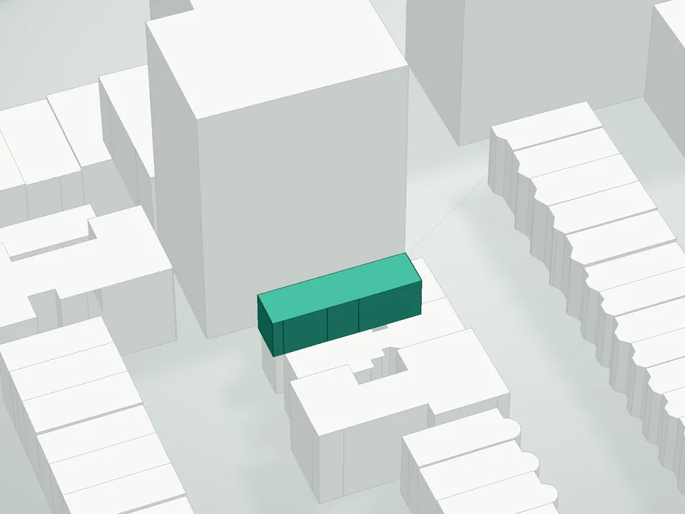 3D massing drawing of Carriage On Sixth Condominium, 282 6th Street, Brooklyn, and neighboring buildings