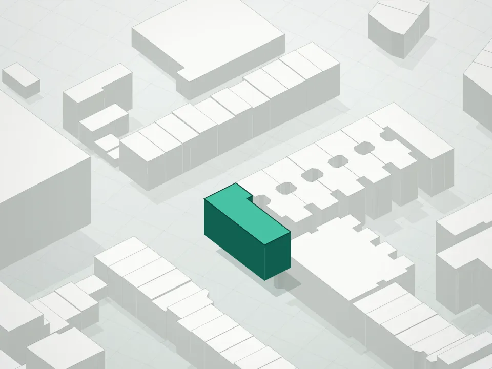 3D massing drawing of 751 Dean Street Condominium and neighboring buildings