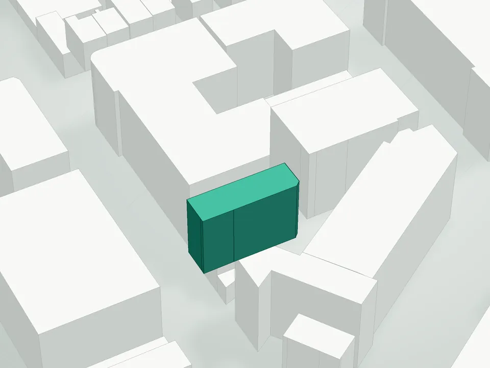 3D massing drawing of Kibo Residences, 155 Hope Street, Brooklyn, and neighboring buildings