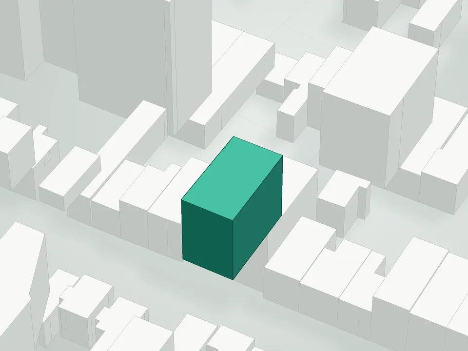 3D massing drawing of 221 Frost Street Condominium, 221 Frost Street, Brooklyn, and neighboring buildings