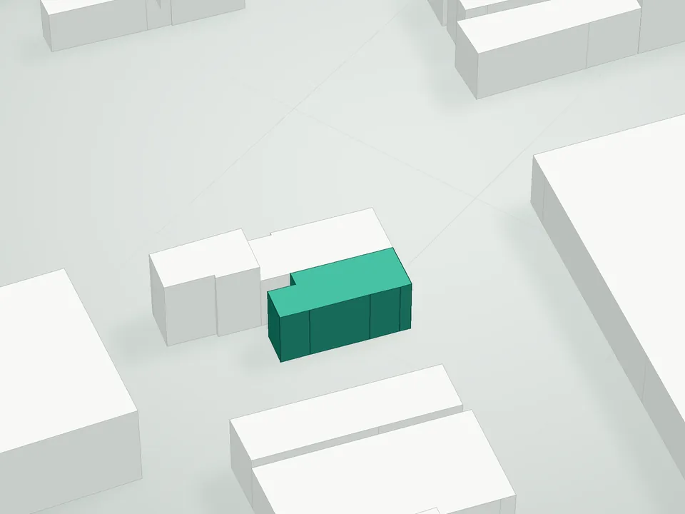 3D massing drawing of Dutch Collection Condominium, 33-10 38th Avenue, Queens, and neighboring buildings