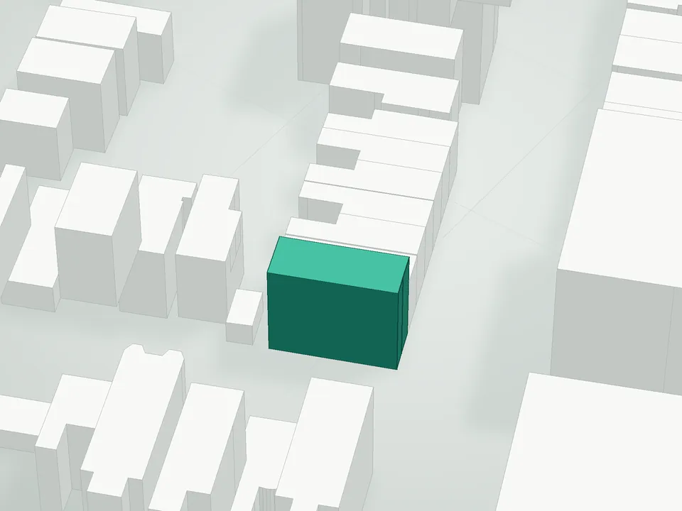 3D massing drawing of Residences On Calyer Condominium, 215 Calyer Street, Brooklyn, and neighboring buildings