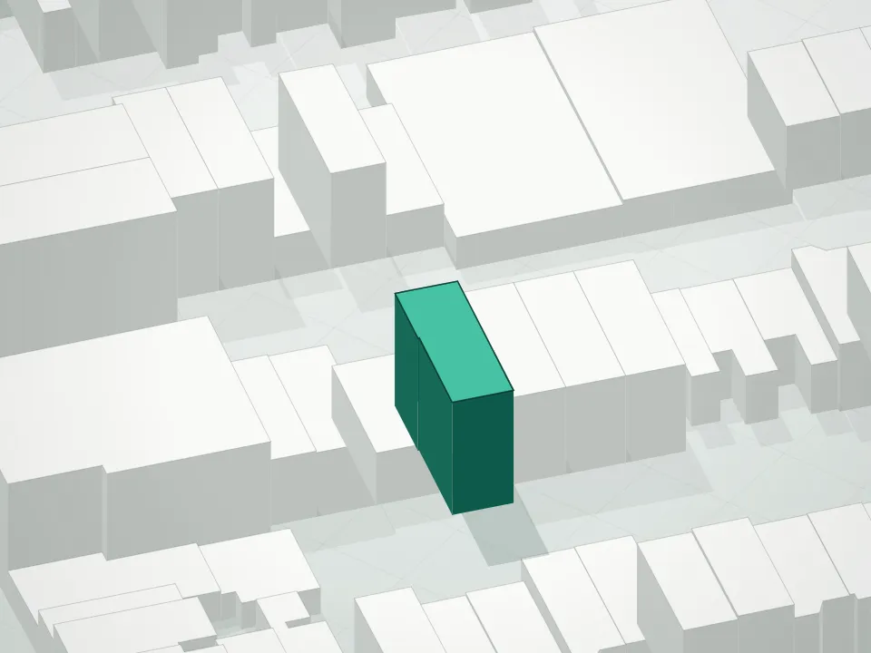 3D massing drawing of Solara Condominium and neighboring buildings