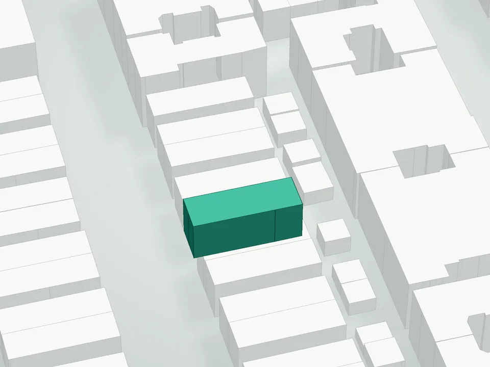3D massing drawing of Teng Fei Condominium, 929 43rd Street, Brooklyn, and neighboring buildings