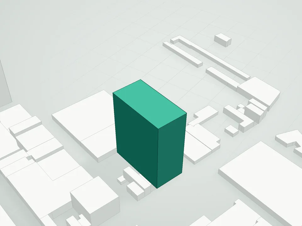 3D massing drawing of Paragon Condominium, 45-40 Vernon Boulevard, Queens, and neighboring buildings
