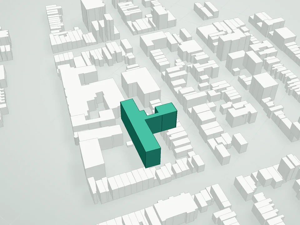 3D massing drawing of 222 16th Street Condominium, 222 16th Street, Brooklyn, and neighboring buildings