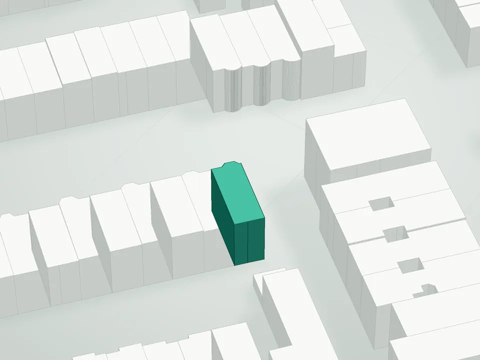 3D massing drawing of Decatur Lofts, 1226 Decatur Street, Brooklyn, and neighboring buildings