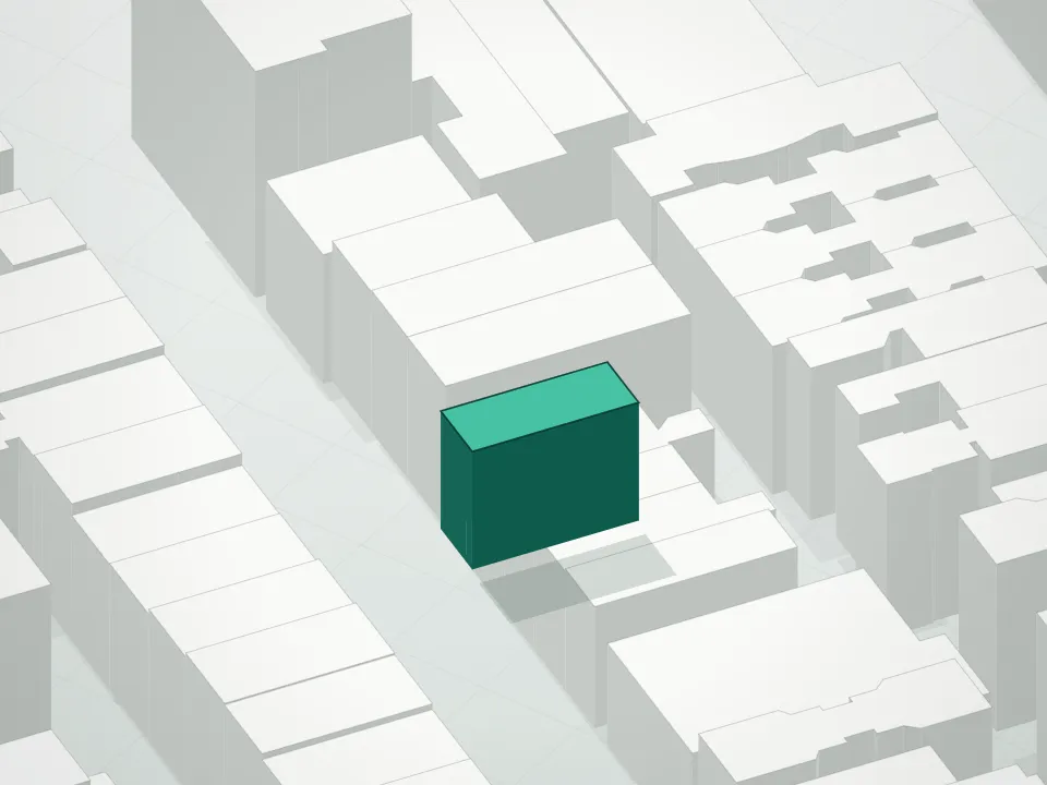 3D massing drawing of Rothko House and neighboring buildings