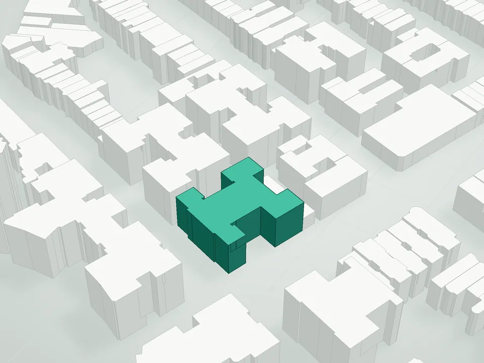 3D massing drawing of 598 Sterling Place Condominium, 598 Sterling Place, Brooklyn, and neighboring buildings