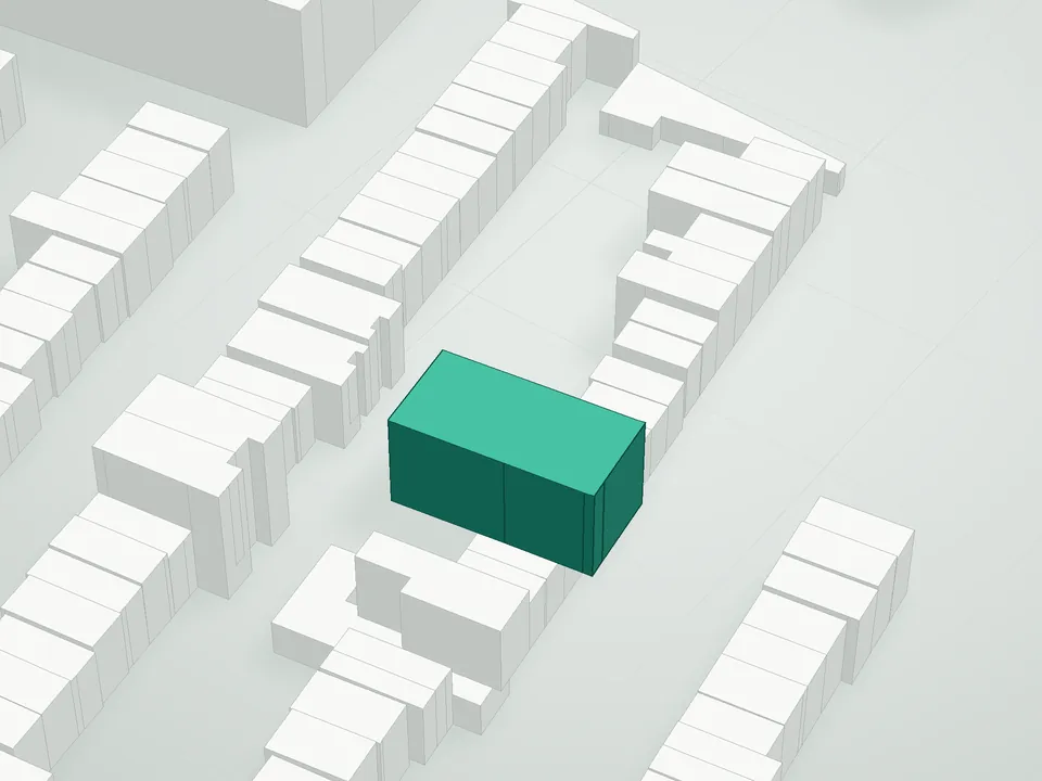 3D massing drawing of 122 Washington Lofts, 124 Washington Avenue, Brooklyn, and neighboring buildings