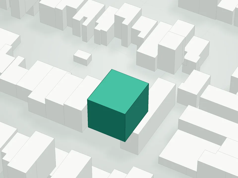 3D massing drawing of Freeman Collection F/K/A Freeman Haus, 151 Freeman Street, Brooklyn, and neighboring buildings