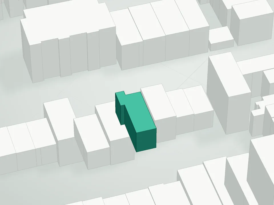 3D massing drawing of 32 Schaefer Street Condominium, 32 Schaefer Street, Brooklyn, and neighboring buildings