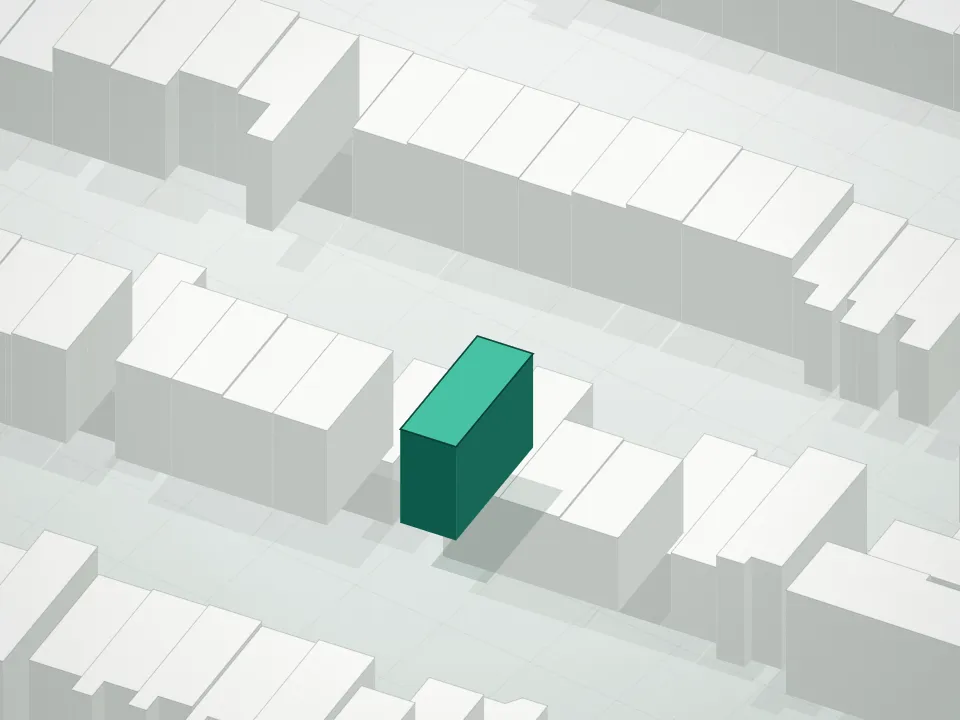 3D massing drawing of 187 Pulaski Street Condominium and neighboring buildings