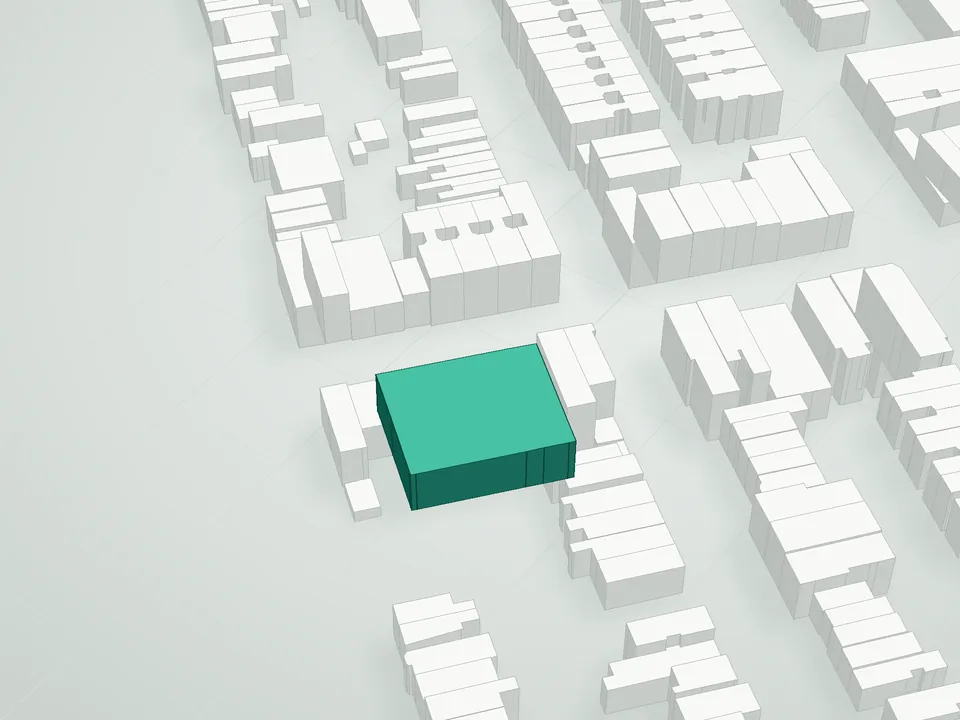 3D massing drawing of Woodgreen Condominium, 285 & 287 18th Street, Brooklyn, and neighboring buildings