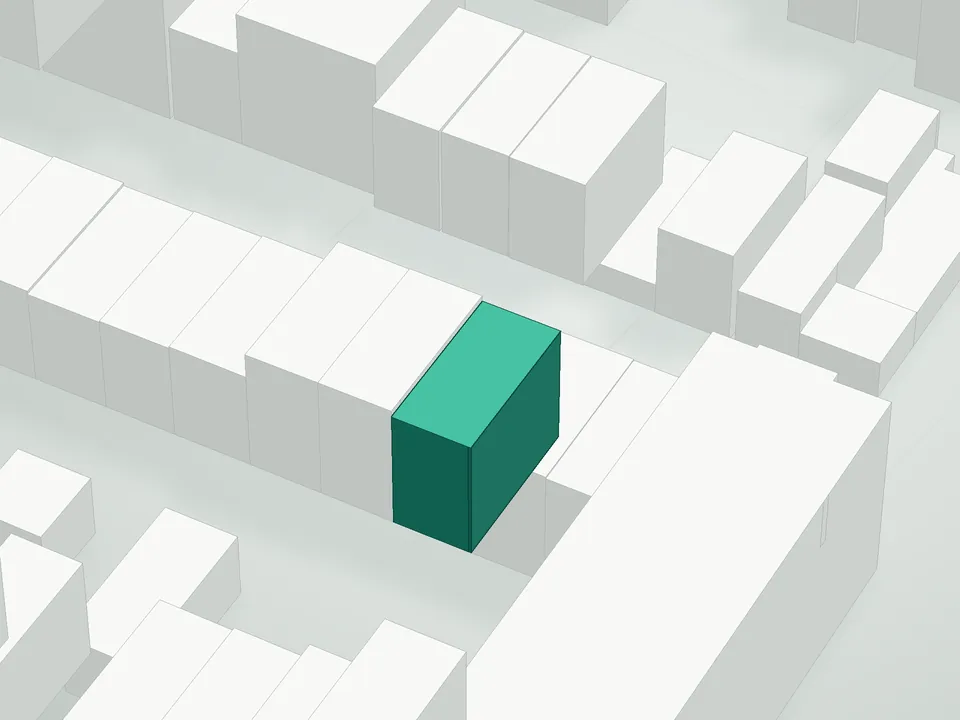 3D massing drawing of 212 Huron Street Condominium, 212 Huron Street, Brooklyn, and neighboring buildings